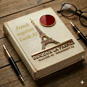 May include: A book titled "French negation Guide A1" with a gold Eiffel Tower emblem and the words "Bonjour La France". A red circular object and two pens are on a wooden surface.