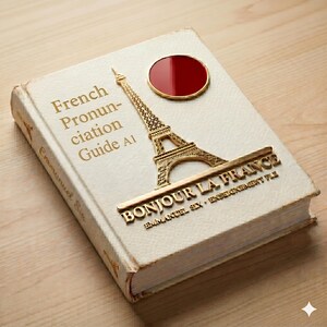 May include: A cream-colored book titled "French Pronunciation Guide A1" with gold lettering and a gold Eiffel Tower emblem. A red circular emblem sits above the tower. The book is on a light wooden surface.