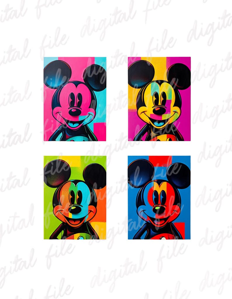 Puede incluir: Cuatro retratos de Mickey Mouse de estilo pop art en colores vibrantes. Cada retrato presenta una combinaci&oacute;n de colores diferente: rosa y azul, amarillo y morado, verde y naranja, y azul y rojo. Los retratos est&aacute;n sobre un fondo blanco.