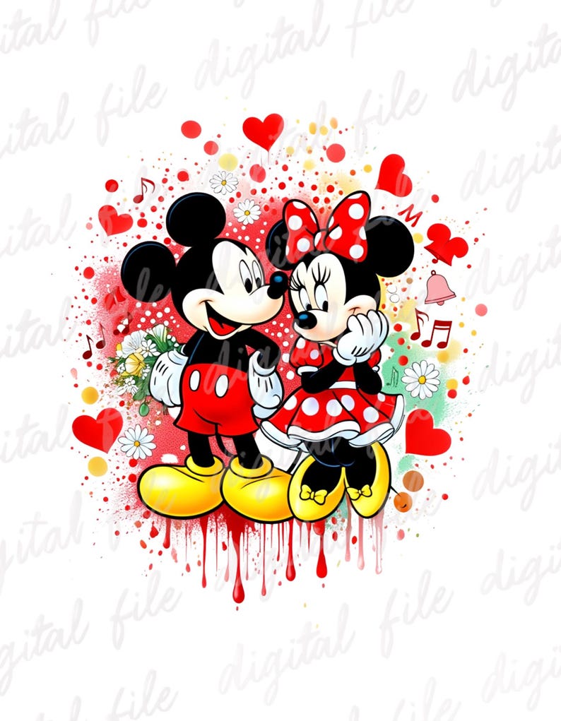 Puede incluir: Ilustraci&oacute;n digital de Mickey y Minnie Mouse en una pose rom&aacute;ntica. Mickey lleva pantalones cortos rojos, zapatos amarillos y guantes blancos. Minnie lleva un vestido y un lazo de lunares rojos. Corazones, notas musicales y flores rodean a la pareja.