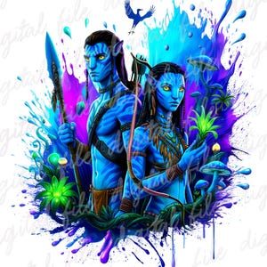 Könnte beinhalten: Digitaler Kunstdruck mit zwei blauhäutigen Na'vi-Charakteren aus dem Film Avatar. Die männliche Figur hält einen Speer, die weibliche Figur eine Pflanze. Der Hintergrund ist ein Spritzer aus Blau, Lila und Grün.