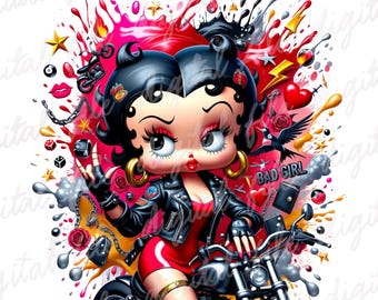 1 PNG Cute Betty Boop Biker, Clipart Images, Digital design PNG file for sublimation, High Resolution, Instant Digital PNG Download