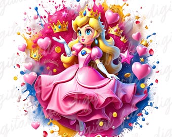 Super Mario Princess Peach Watercolor PNG, Nintendo Super Mario PNG, Mario Birthday PNG, Super Mario Friends Png
