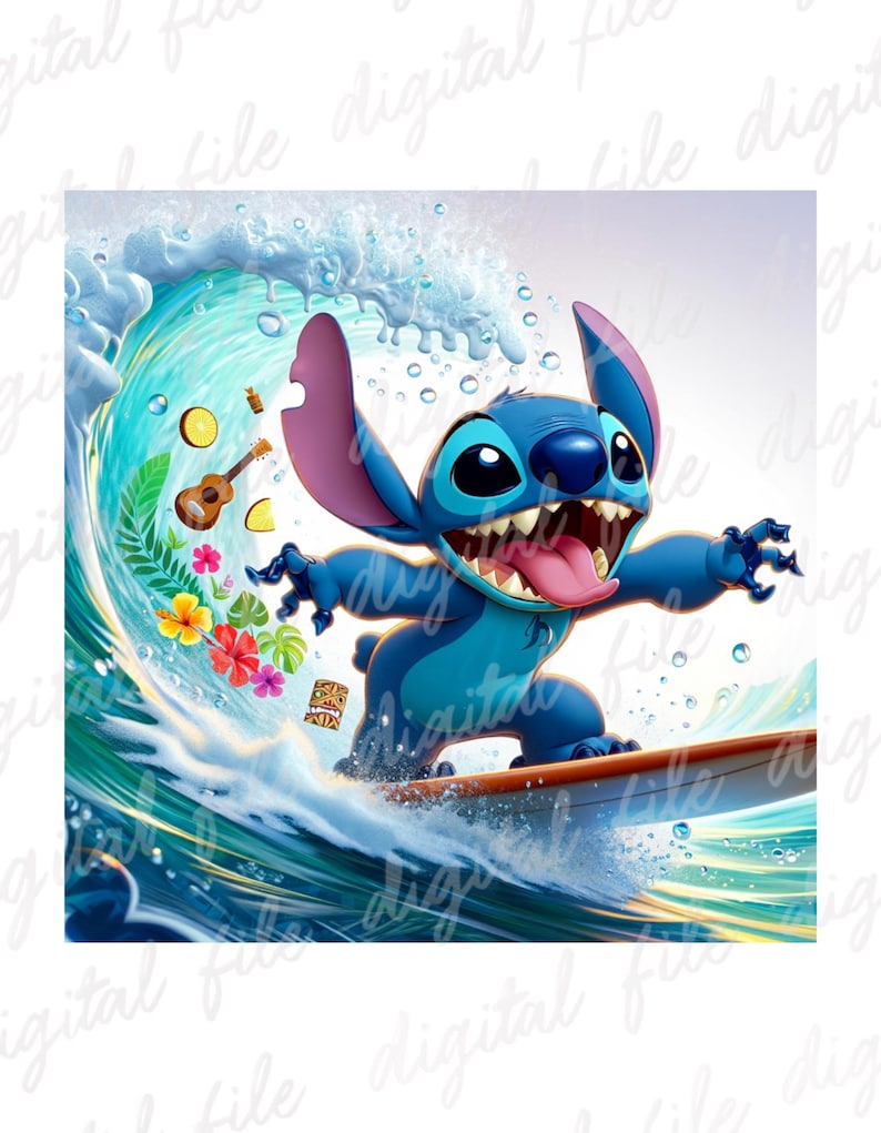 Stitch Riding A Wave Surfer Stitch Splash, Clipart Images, Digital Design PNG File for ...