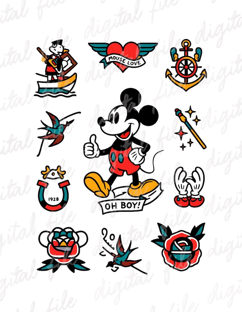 Op de afbeelding: Een verzameling cartoon-stijl illustraties met Mickey Mouse, een hart met vleugels, een anker en een roos. Mickey Mouse geeft een duim omhoog en de tekst "OH BOY!" is inbegrepen.