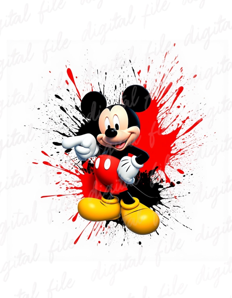May include: A digital illustration of Mickey Mouse pointing, set against a white background with red and black paint splatters. Mickey is wearing his signature red shorts, yellow shoes, white gloves, and black ears.