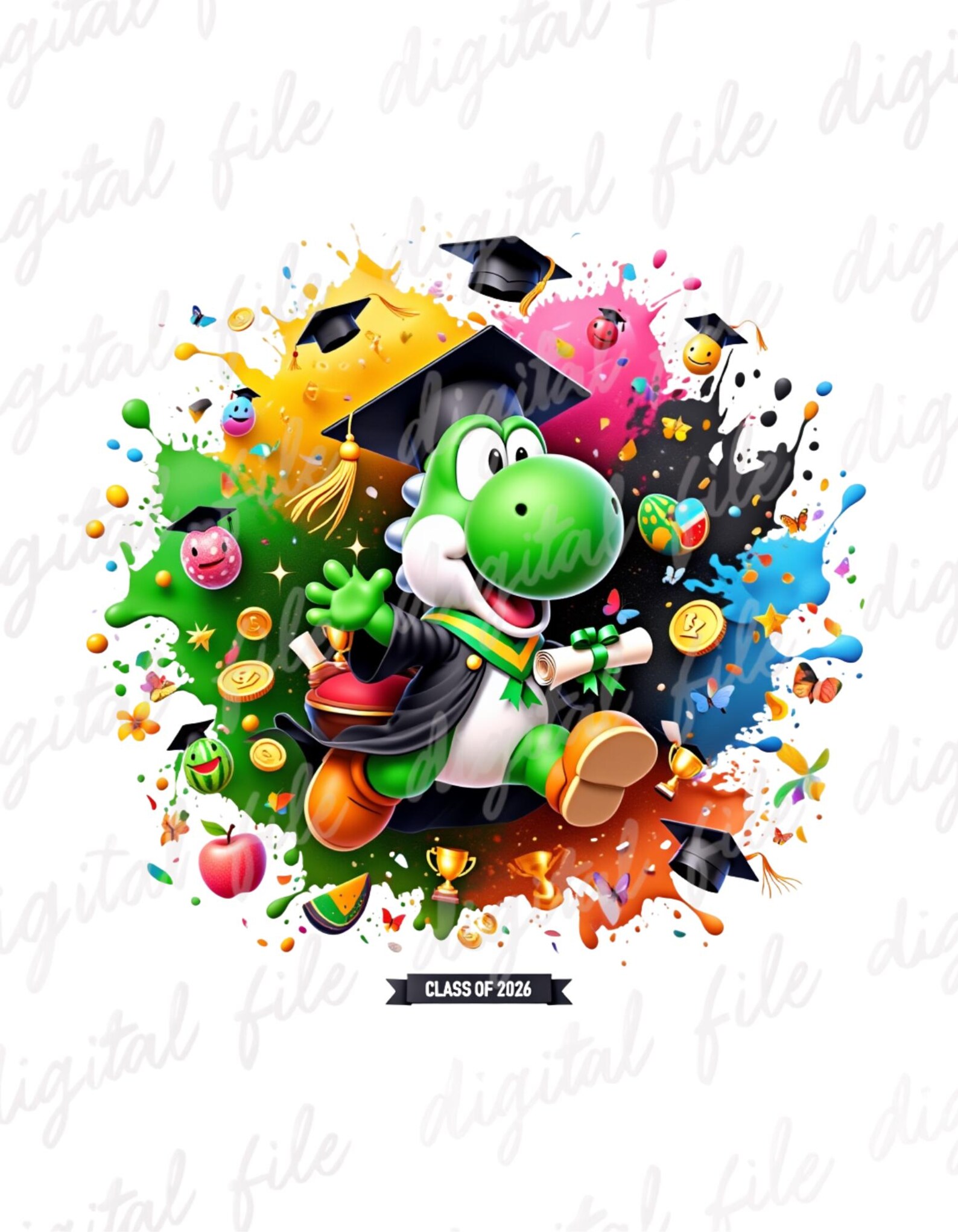 Yoshi Graduation Yoshi Graduation Splash Png, Super Mario Watercolor Splash Png, Mario ...