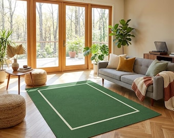 Tapete de lã verde tufado à mão, 1,5 x 2,4 metros, tapete moderno e minimalista, tapete artesanal para sala de estar, tapete contemporâneo para quarto, tapete com borda geométrica.