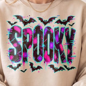 Spooky Halloween PNG, Glitch Spooky Bats Sublimation, Patchwork Spooky Halloween Png, Neon Pink Spooky Season Download, DTF Transfer File