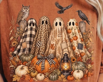 Vintage Patchwork Ghost PNG, Rustic Farmhouse Ghost, Buffalo Plaid Ghost, Cottagecore Fall Ghost, Leopard Ghost PNG, Halloween Sublimation