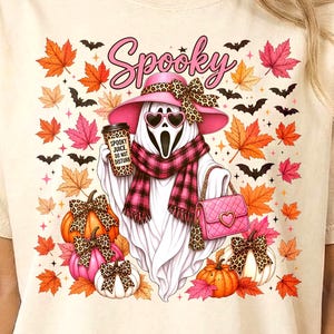Ghostface Fall Coffee PNG, Preppy Spooky Season Sublimation, Girly Halloween Latte Graphic, Leopard Pumpkin Autumn Design