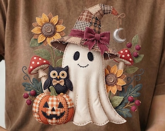 Patchwork Witch Ghost PNG, Halloween Ghost PNG, Faux Patchwork Ghost, Cozy Fall Ghost PNG, Cottagecore Ghost, Stitched Ghost Sublimation