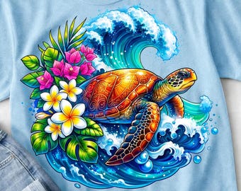 ウミガメPNG、海の波の昇華デザイン、トロピカルフラワーサマーTシャツ、海の生き物クリップアート、カラフルな海岸プリント、デジタルダウンロード