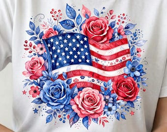 Bandeira Americana Boho Floral PNG, Bandeira Americana Floral, Flor Patriótica PNG, Bandeira do 4 de Julho, Bandeira Americana PNG, Bandeira em Aquarela PNG