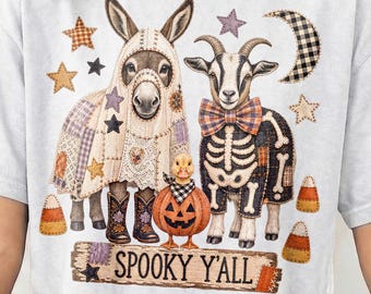 ハロウィンの農場動物PNG、パッチワークハロウィンPNG、ウエスタンハロウィンシャツデザイン、幽霊ロバPNG、骸骨ヤギ、カボチャアヒルグラフィック