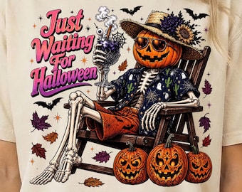 Só esperando o Halloween PNG, Verão Assustador PNG, Sublimação de Esqueleto de Férias, Camiseta de Halloween na Praia, Summerween PNG, Download Digital