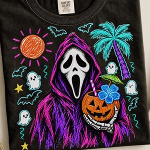 Summerween Ghost PNG, Spooky Summer Halloween PNG, Neon Sketch Ghost PNG, Beach Ghost Sublimation, Summerween Shirt Digital Download image 1