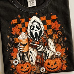 Ghostface Fall Coffee PNG, Halloween Latte Shirt Design, Vintage Ghostface Graphic, Spooky Coffee PNG, Distressed Halloween Coffee Design