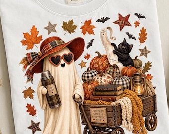 Ghost Shopping PNG, Fall Decor Lover Ghost, Autumn Market Ghost, Pumpkin Spice Season, Cute Halloween Ghost, Faux Chunky Knit Graphic