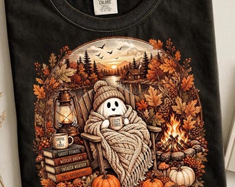Cozy Ghost Reading PNG, Autumn Campfire Sublimation, Fall Halloween Digital Download
