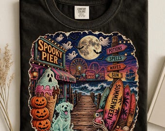 Summerween PNG, Coastal Halloween PNG, Spooky Beach PNG, Summerween Pier Sublimation, Retro Spooky Summer Png, Halloween Boardwalk