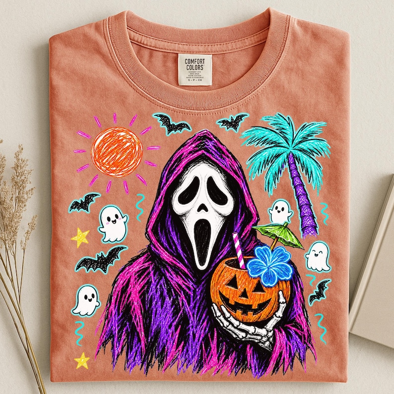 Summerween Ghost PNG, Spooky Summer Halloween PNG, Neon Sketch Ghost PNG, Beach Ghost Sublimation, Summerween Shirt Digital Download image 8