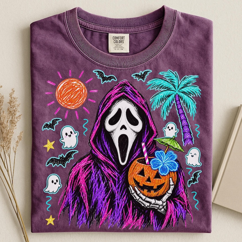 Summerween Ghost PNG, Spooky Summer Halloween PNG, Neon Sketch Ghost PNG, Beach Ghost Sublimation, Summerween Shirt Digital Download image 4