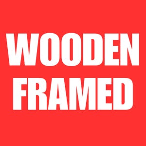 May include: White text on a red background reads "WOODEN FRAMED". The text is in a bold, sans-serif font. The image is a simple, graphic design, suitable for use in advertising or branding.