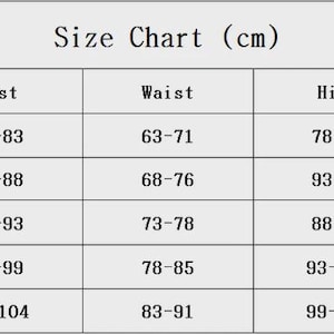 May include: A size chart in a table format, with measurements in centimeters. The chart includes sizes S, M, L, XL, and 2XL, with corresponding bust, waist, hips, and height measurements. The text "Size Chart (cm)" is at the top.