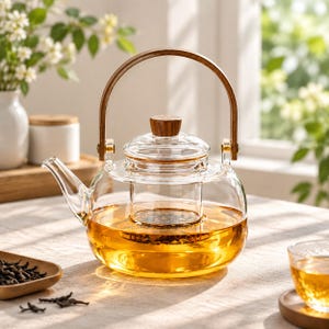 Handgjord tekanna i glas med infusionsrör, spishällssäker genomskinlig tekanna, tesepareringskanna för lösbladigt te, blommig tekanna, julklapp