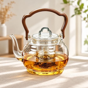 Handgjord tekanna i glas med infusionsrör, spishällsäker tekanna, tekanna i borosilikatglas, lösbladigt te, modern tekanna, julklapp