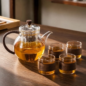 May include: A clear glass teapot with a dark brown woven handle and a matching lid knob, filled with amber tea. The set includes four clear glass cups, each featuring a wide dark brown wooden band around the base, also filled with amber tea.