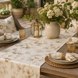May include: A dining table set for an outdoor meal. The table is covered with a floral runner and set with plates, napkins, and glasses. A vase of flowers and a lantern with a candle add to the ambiance. The table is surrounded by wicker chairs.