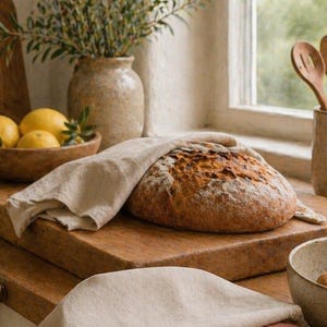 Könnte beinhalten: Eine rustikale Küchenszene zeigt ein Brot auf einem Holzschneidebrett, bedeckt mit einem Leinentuch. Ein Stapel gefalteter Leinentücher in Beige, Terrakotta und Olivgrün liegt auf der Theke. Weitere Elemente sind eine Schüssel mit Zitronen und eine Vase mit Grünzeug.
