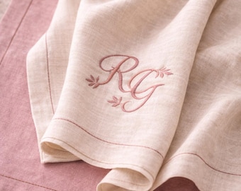 Pink Personalized Linen Napkins, Custom Embroidery Napkins, Monogrammed Linen Napkins, Wedding Serving and Dining Decor, Custom Initials