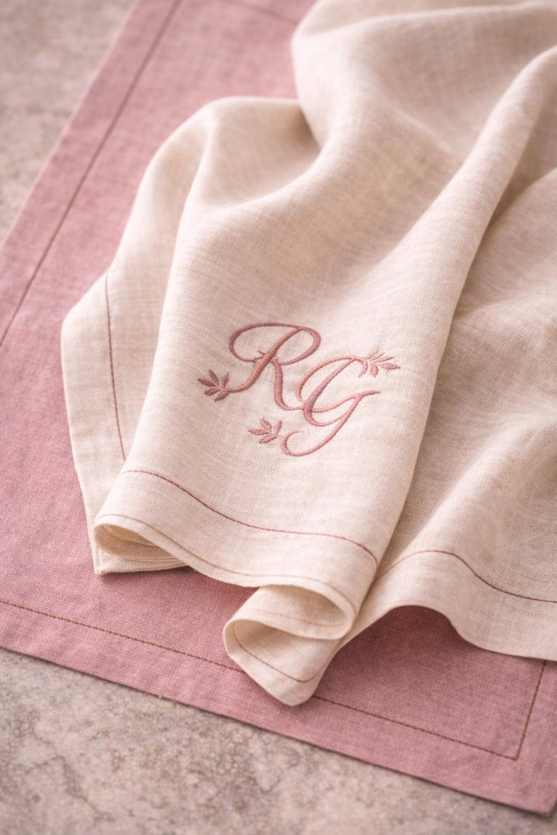 May include: A folded beige linen napkin with embroidered initials "RG" in a script font, accented with floral details. The napkin rests on a pink placemat, with a stitched border. The overall aesthetic is soft and elegant.
