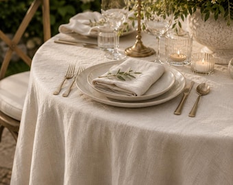 Puede incluir: Una mesa bellamente decorada con un mantel de lino color crema, adornada con rosas blancas, velas y vajilla elegante. El montaje incluye platos, cubiertos y copas de vino, creando un ambiente de cena sofisticado.