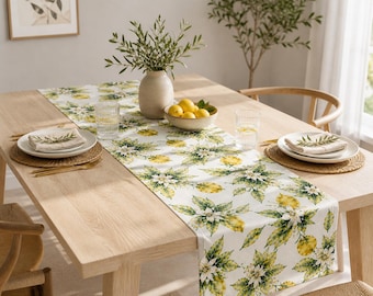 Summer Lemon Print Table Runner, Citrus Kitchen Table Cover, Waterproof Table Runner, Spill Resistant, Coated Cotton, Dinning Table Runner