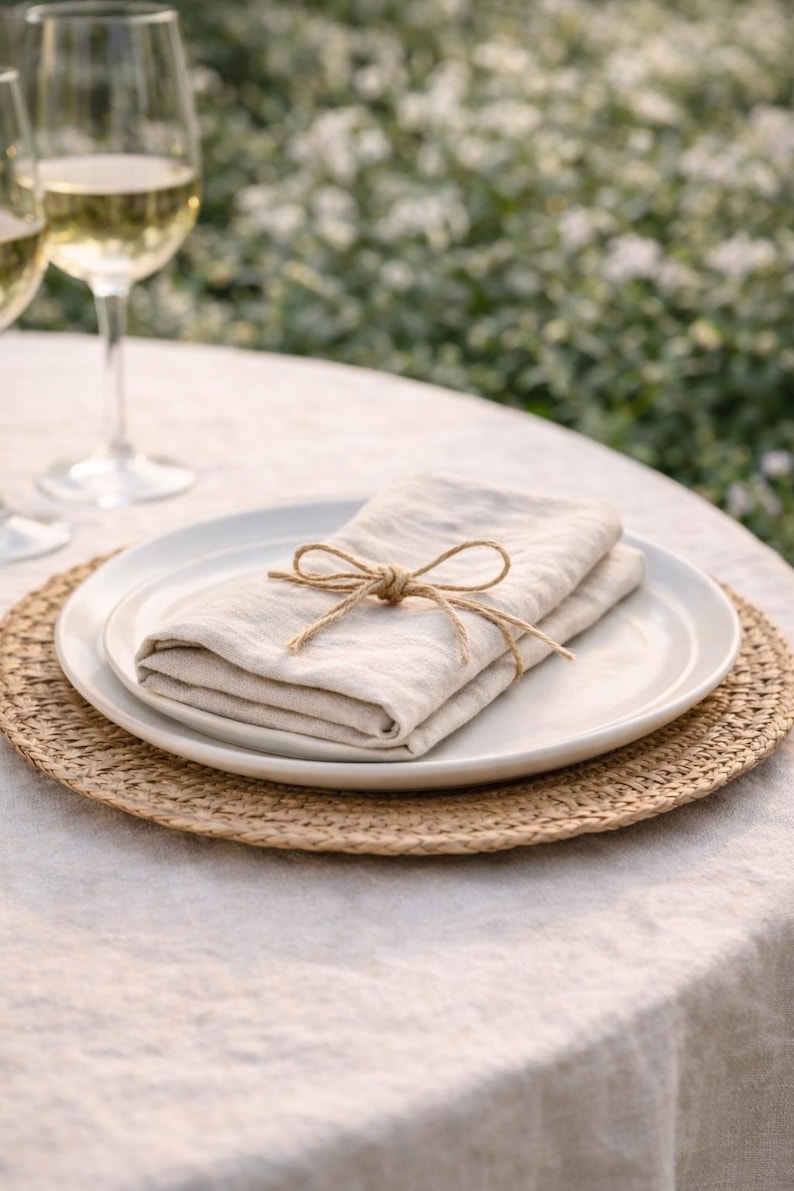 May include: A folded beige linen napkin tied with twine sits on a white plate, atop a woven placemat. The setting is on a white tablecloth, with a blurred background of greenery and wine glasses.