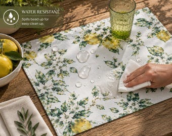 Water Resistant Placemats for Outdoor and Garden - Spill Resistant Lemon Print Table Mats - French Country and Provencal Summer Decor
