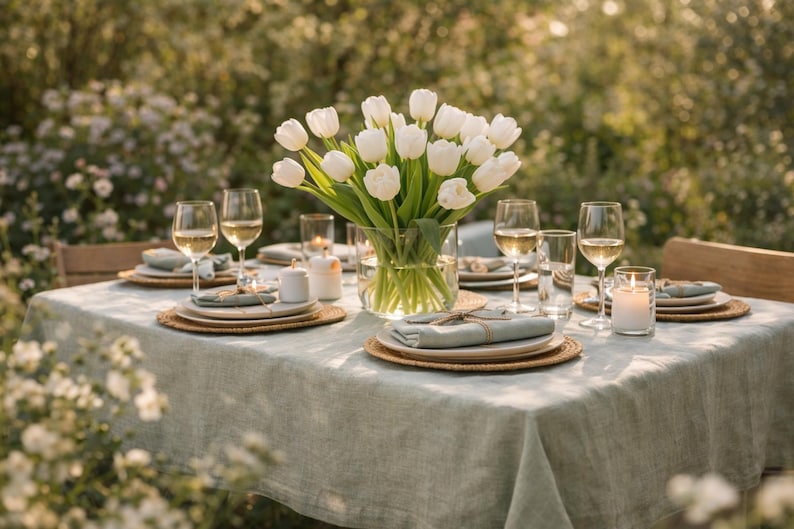 May include: A table set for a meal outdoors, featuring a light green tablecloth, woven placemats, and white plates. Wine glasses are filled with a golden liquid, and a vase of white tulips sits in the center. Candles add to the ambiance.