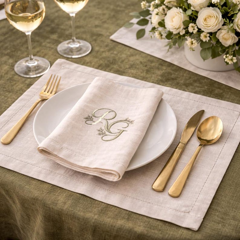 May include: A formal table setting with a white plate, folded beige linen napkin embroidered with green initials, and gold-colored flatware. Two wine glasses and a floral arrangement are also present.
