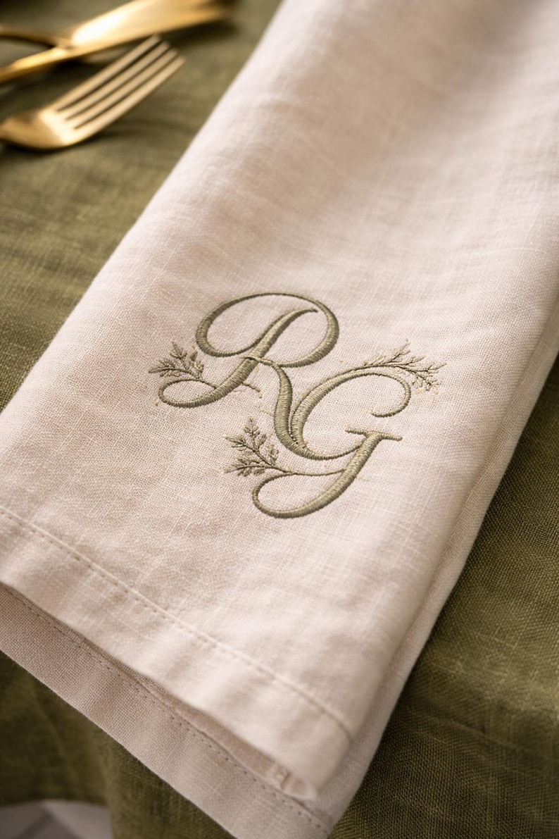 May include: Beige linen napkin with embroidered initials "RG" in olive green. The initials are embellished with delicate leaf designs, creating an elegant and personalized touch. The napkin is folded, showcasing its texture and quality, perfect for a formal dining setting.