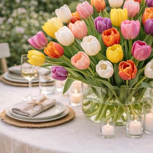 May include: A large bouquet of colorful tulips in a clear glass vase, arranged on a white tablecloth. The tulips are in shades of pink, orange, yellow, white, and purple. Small candles in glass holders and place settings with plates and napkins are also on the table.