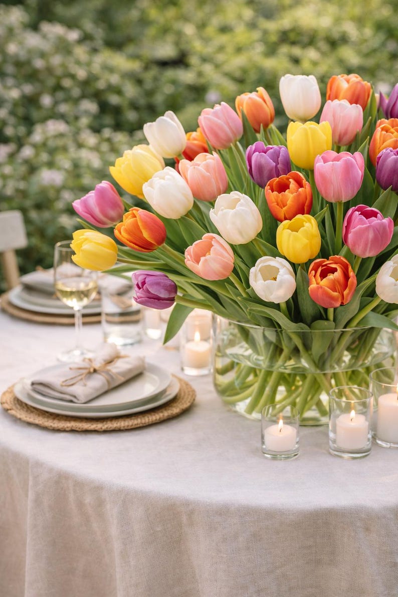 May include: A large bouquet of colorful tulips in a clear glass vase, arranged on a white tablecloth. The tulips are in shades of pink, orange, yellow, white, and purple. Small candles in glass holders and place settings with plates and napkins are also on the table.