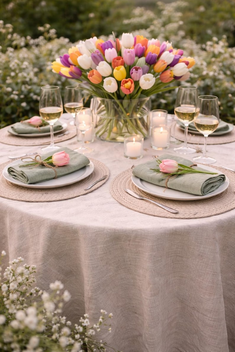May include: A table setting with a bouquet of colorful tulips in a glass vase. The table is set with white plates, green napkins, and wine glasses. Candles and place settings are arranged on a beige tablecloth, creating an elegant outdoor dining scene.