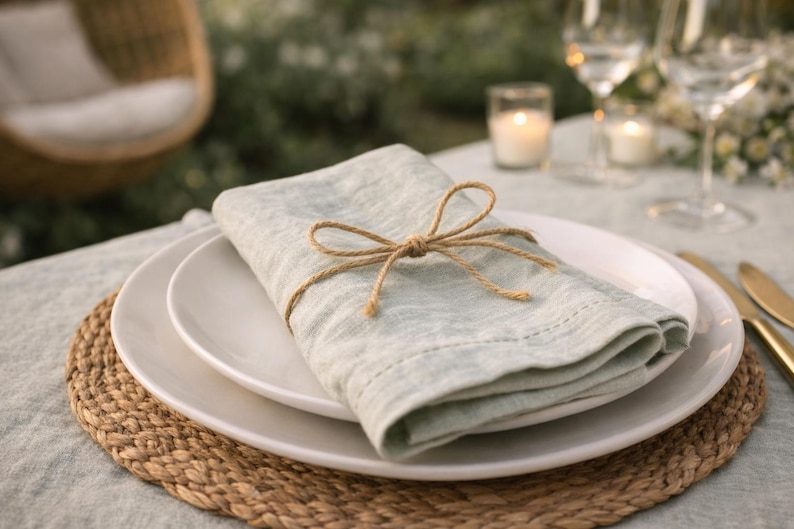 May include: A table setting with a light blue linen napkin tied with twine, placed on a white plate. The plate rests on a woven placemat. Wine glasses, candles, and gold-colored cutlery are also visible.