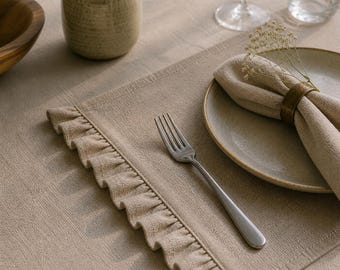 Natural Linen Placemats with Ruffles, Set of 2,4,6,8,10 in many Colors available, Soft Washed Linen Tablemats, French Country, Cottagecore