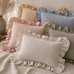 Linen Pillow Sham with Ruffles and Envelope Closure, Linen Home Textiles, 100% Natural Linen ~ Standard, King, Queen Size ~ Cottage Core
