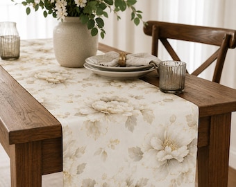 Waterproof Table Runner with Flowers Print, Coated Cotton Table Centerpiece, Spill Resistant, Outdoor Entertaining, Garden Decoration